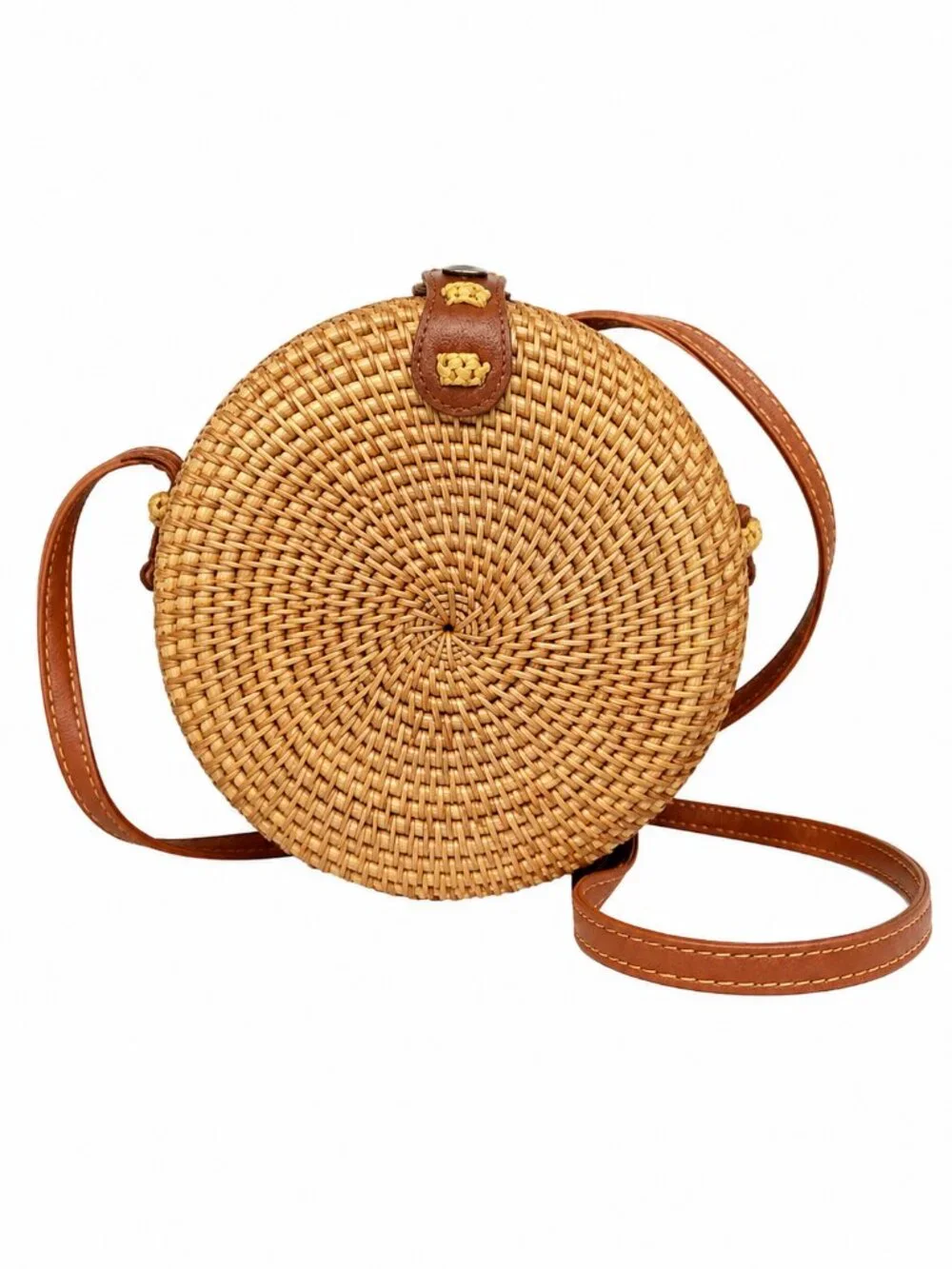 Round Woven Rattan Crossbody Bag – Boho Straw Purse Brown